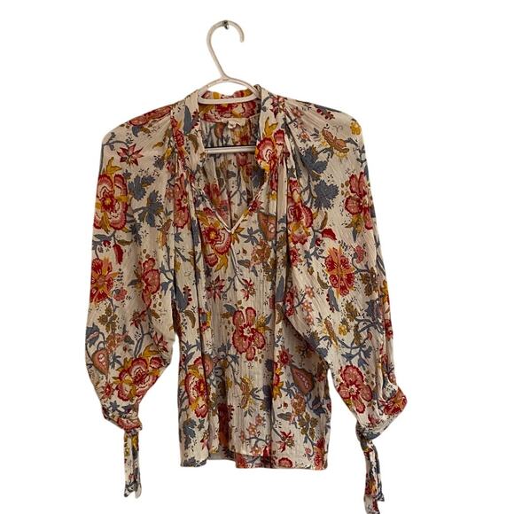 Nicole Miller Boho Floral Peasant Blouse Women’s Size XL Long Sleeve Tie Neck - Picture 3 of 7